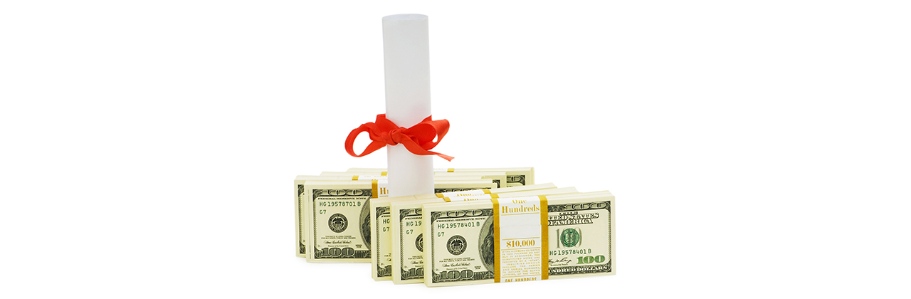 Diploma and Stacks of Bills