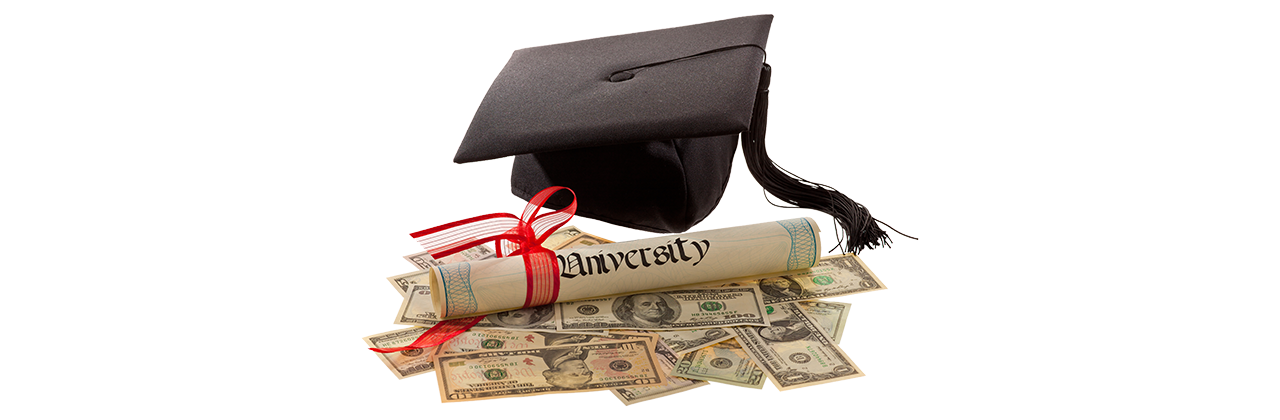 grad cap and diploma on a pile of money